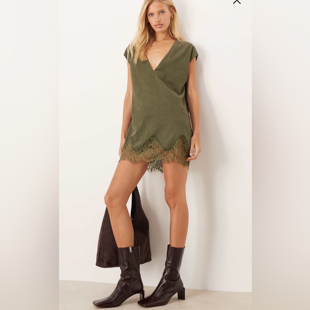 ASOS Olive Lace-Trim V-Neck Mini Dress